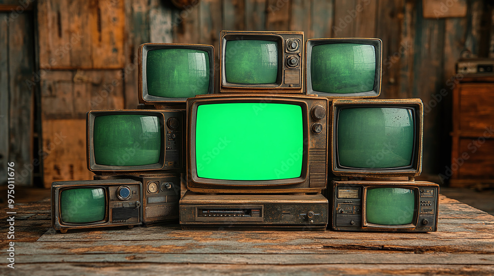 Poster artistic 3d rendered composition stack old classic television with green screen monitors random posi