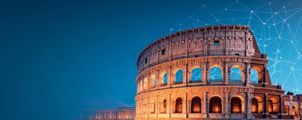 Hologram Colosseum, digital ruins, futuristic Rome skyline, ancient meets modern
