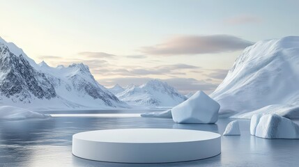 White podium on frozen water, with icy mountains in the background for a minimalist product display