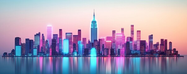 Hologram Empire State Building, digital skyline, neon glow, futuristic New York