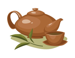 Kettle tea leaves and mug with green leaf decoration vector illustration