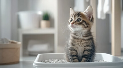 little kitten is sitting in the litter box 