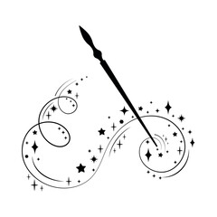Magic wand. Swirling movement of fairy dust. Stars, sparks, fairy sorcery. Silhouette of a magic wand and an incantation. Symbol of a miracle