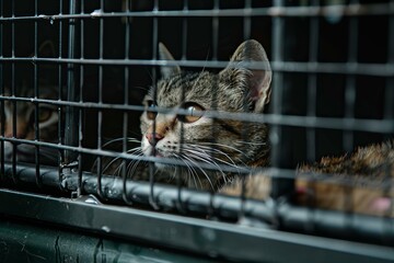Tabby cat is waiting inside a cage during transport by a veterinarian
