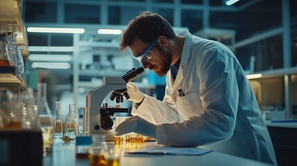 scientist in a lab coat analyzing samples under a microscope in a modern laboratory, copy space