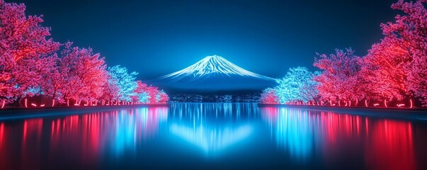 Hologram Mount Fuji, digital projection over lake, neon sakura blossoms, futuristic Japan