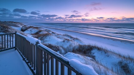 Serene Winter Sunrise from Beachside Balcony with Icy Landscape