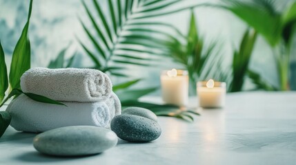 Spa atmosphere with rocks and bottles of essential oils on the table. This layout shows the serenity for relaxation or body treatment in a luxury spa resort hotel