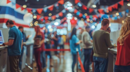 Blurred motion of a crowded voting center filled with diverse voters during American election