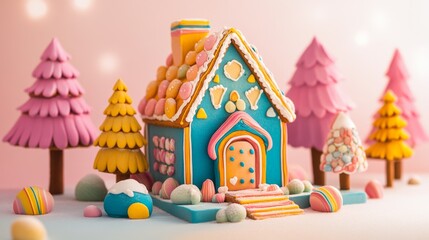 Obraz premium Colorful Gingerbread House with Decorated Trees and Eggs
