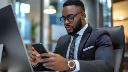 A Black Businessman in a Suit Uses a Smartphone in an Office