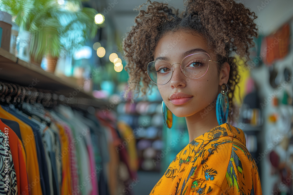 Poster a non-binary individual shopping for clothes in a boutique, exploring different styles and expressin