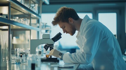 scientist in a lab coat analyzing samples under a microscope in a modern laboratory, copy space