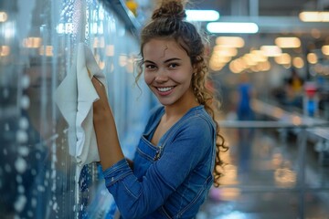 candid shot of a young female janitor smiling while cleaning a glass window with a rag, showcasing her professionalism and dedication to her work.