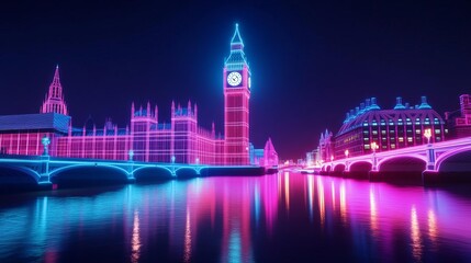 Fototapeta premium Holographic Big Ben, augmented reality clock tower, neon Thames river, futuristic London