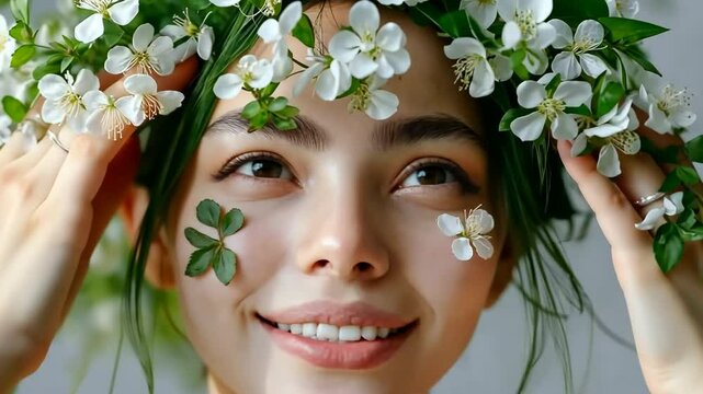 A woman with a flower crown on her head is smiling. She has a greenish tint to her hair