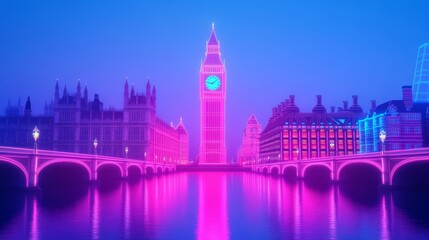 Obraz premium Holographic Big Ben, augmented reality clock tower, neon Thames river, futuristic London