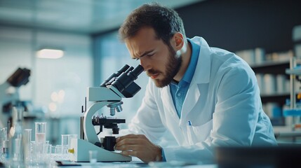 scientist in a lab coat analyzing samples under a microscope in a modern laboratory, copy space