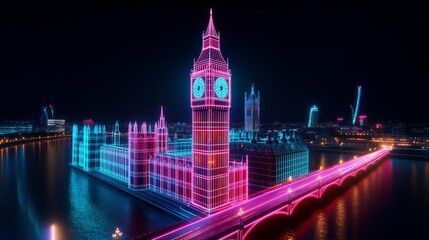 Holographic Big Ben, augmented reality clock tower, neon Thames river, futuristic London