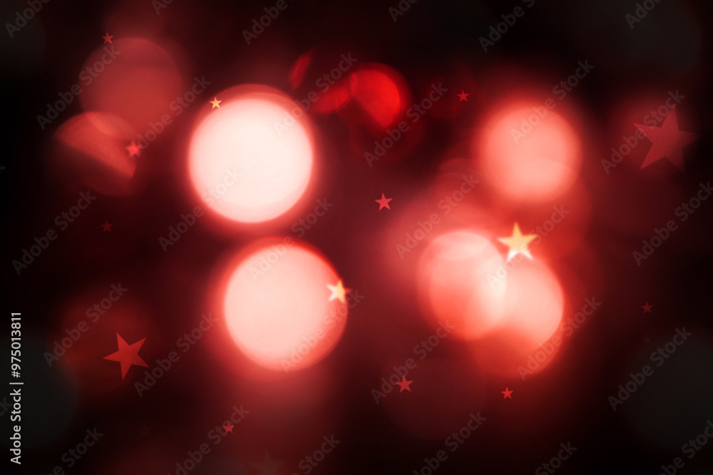 Poster red glowing bokeh lights blur with stars on dark backdrop. modern bokeh background design