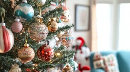 Close-up of a Christmas Tree Adorned with Ornate Ornaments