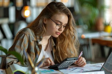 young female accountant working diligently at her desk with a calculator, surrounded by financial documents.