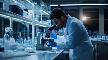 scientist in a lab coat analyzing samples under a microscope in a modern laboratory, copy space