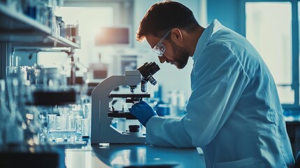 scientist in a lab coat analyzing samples under a microscope in a modern laboratory, copy space