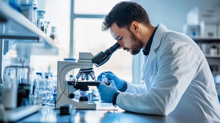 scientist in a lab coat analyzing samples under a microscope in a modern laboratory, copy space