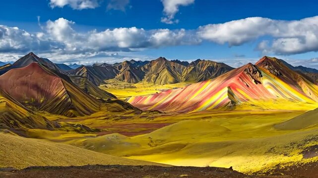 A mountain range with a yellow and red landscape. The sky is cloudy and the sun is shining