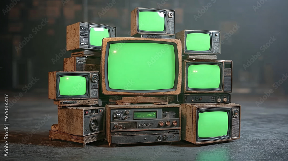 Poster artistic 3d rendered composition stack old classic television with green screen monitors random posi
