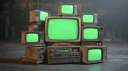 artistic 3d rendered composition stack old classic television with green screen monitors random positions in empty room dynamic composition cinematic lighting video element chroma key video element