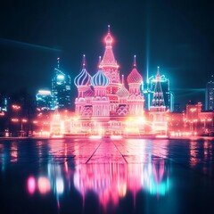 Holographic Red Square, digital projection, futuristic Moscow, neon city lights