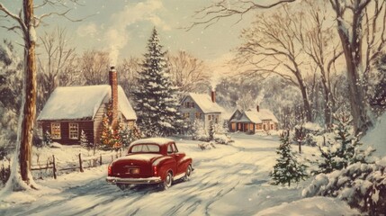 Fototapeta premium A Red Car Driving Through a Snowy Winter Wonderland