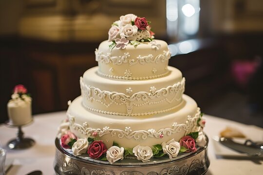 Delicious three tiered wedding cake decorated with icing and flowers, sitting on a silver tray