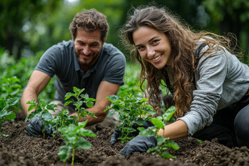 A couple planting a garden together, working side by side and smiling. Concept of teamwork and growth.