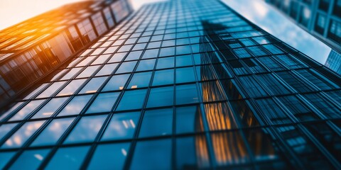 Obraz premium View from ground looking up at tall glass buildings reflecting the sky, representing modern architecture and urban life.