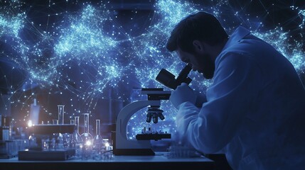 scientist in a lab coat analyzing samples under a microscope in a modern laboratory, copy space