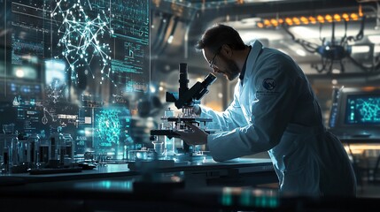 scientist in a lab coat analyzing samples under a microscope in a modern laboratory, copy space