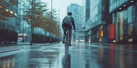 Fototapeta premium A cyclist riding on a rainy day through a city street after a fresh downpour, reflecting city lights on wet pavement.