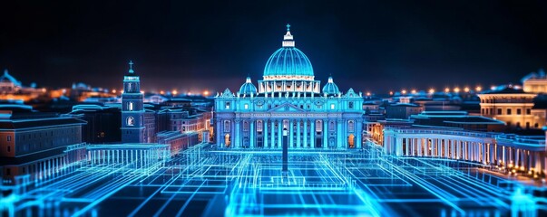 Holographic Vatican square, digital glow, neon Rome skyline