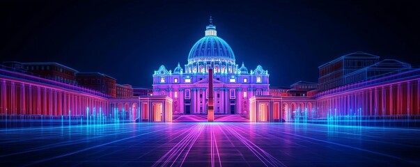 Holographic Vatican square, digital glow, neon Rome skyline