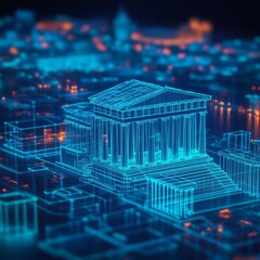 Virtual Acropolis, glowing holographic ruins, augmented reality Athens skyline