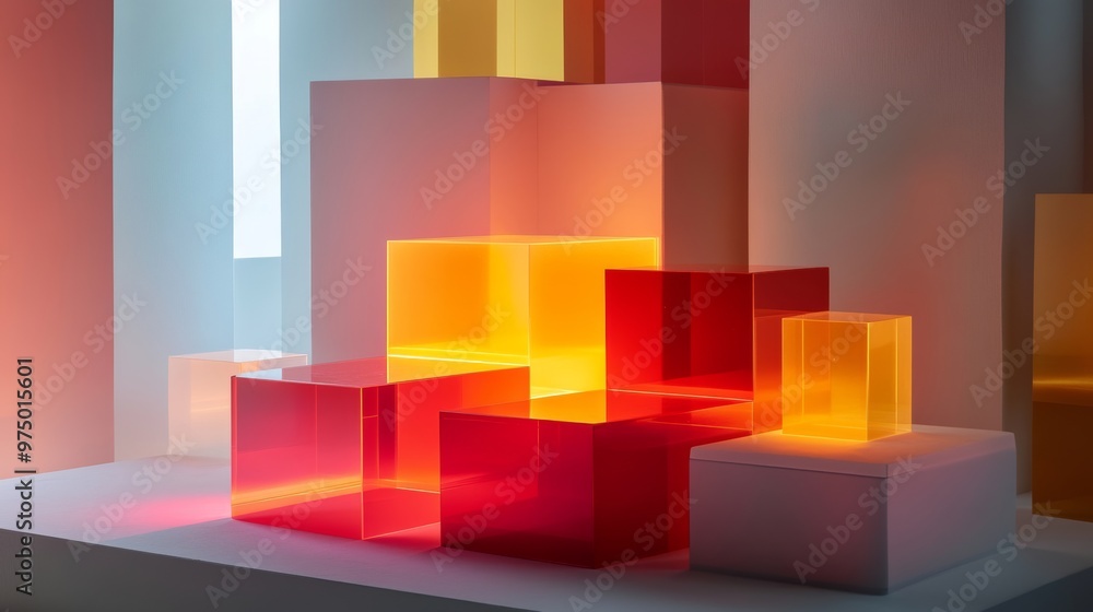 Poster colorful geometric blocks with ambient light, modern art installation. abstract design and creativit