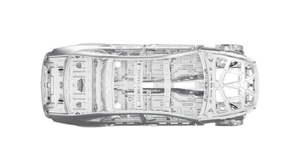 a car chassis showcasing the intricate metal framework of a vehicle's body. This steel structure, often referred to as "body in white," forms the foundation for automotive assembly and design, emphas
