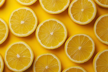 Obraz premium Multiple lemon halves placed in a repeating pattern on a bright yellow background showcasing their fresh citrus texture.