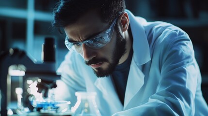 A scientist in a lab coat analyzing samples under a microscope in a modern laboratory, copy space