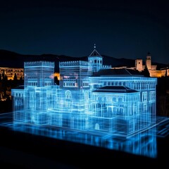 Virtual Alhambra, glowing holographic palace, futuristic Granada