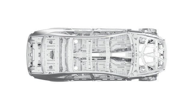  a car chassis showcasing the intricate metal framework of a vehicle's body. This steel structure, often referred to as "body in white," forms the foundation for automotive assembly and design, emphas