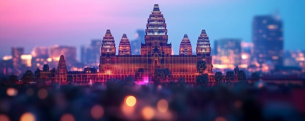 Obraz premium Virtual Angkor Wat at sunrise, glowing holographic temples, futuristic Cambodia